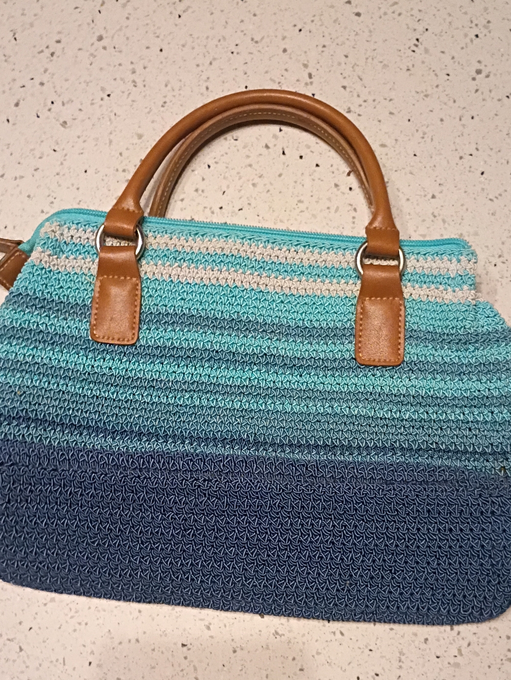 Handwoven Gradient Blue Tote with Brown Handles